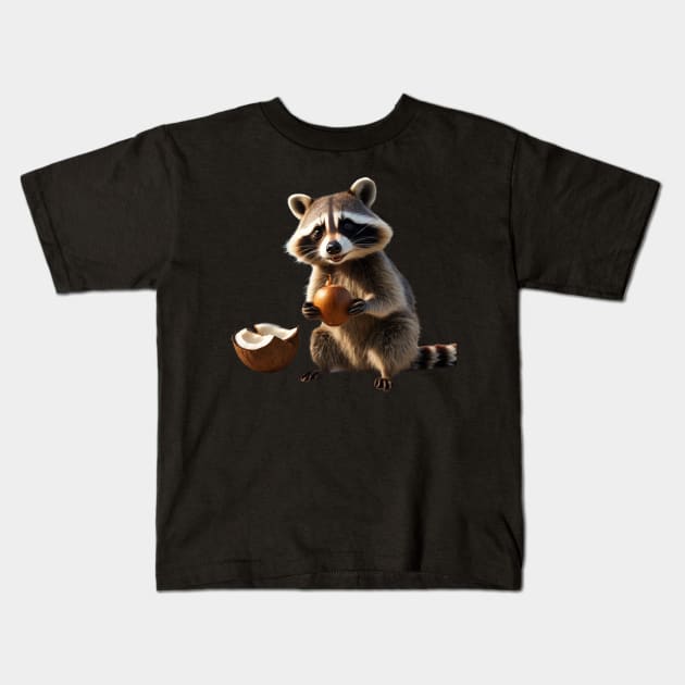 Raccoon with its coconut Kids T-Shirt by CobArt